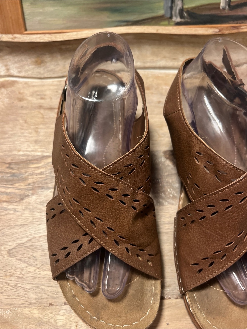 easy street Brown Crisscross Laser-Cut Slide Sandals